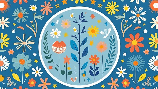 Colorful flower illustration in round frame on blue background
