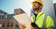 © BuyOutFelix02/peopleimages.com - Happy man, contractor and city with folder for construction, building or industrial project design. Male person, architect or civil engineer with smile, document or permit below for architecture site