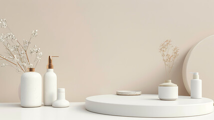 Poster - Minimalist cosmetic product display features white bottles and vases on a round podium against a neutral beige background