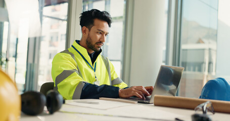 Poster - Architecture, laptop and man in office with paperwork for blueprint, building design and floorplan. Construction, engineer and person on computer for planning, research and project with documents