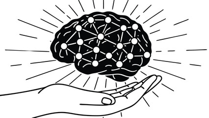 Poster - hand holding brain with connected nodes and radiating lines in a black and white illustration