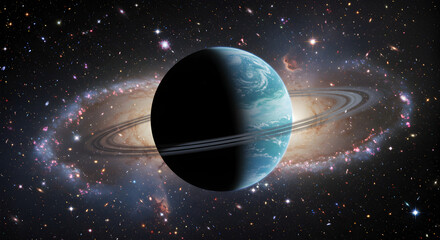 Wall Mural - a stunning view of an alien planet with rings set against a galaxy backdrop
