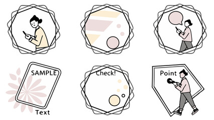 Leinwandbilder - Vector art of a collection of pastelcolored vector graphics, isolated on transparent background, featuring stylized figures using mobile devices and sample text frames