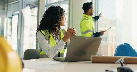 Poster - Architecture, conversation and business people in office, laptop and planning with collaboration. Civil engineering, design and employees in workplace, pc or brainstorming with schedule for project