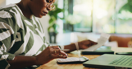 Poster - Black woman, finance or calculator with laptop for audit, tax or budget planning at home. Female person, accounting or calculation with receipts, documents or bills for expenses or deduction at house