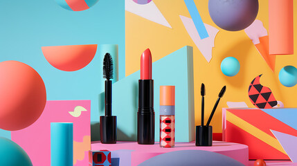 Poster - Cosmetic products arranged with geometric shapes in vibrant colors create a modern and artistic still life composition