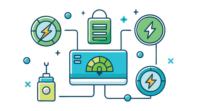 Illustration of a computer monitor connected to various energy related icons and symbols around it