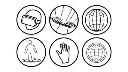 Poster - Collection of black and white outline icons depicting virtual reality, wormhole, globe, human and hand gesture