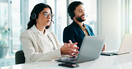 Aufkleber - Laptop, consulting and woman in call center for sales, insurance and lead generation. Computer, telemarketing agent and communication for outbound marketing, coworking or follow up question for b2c