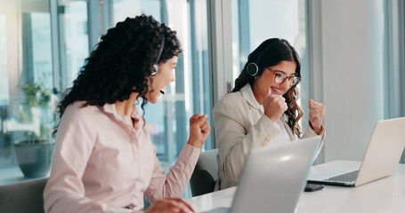 Aufkleber - Online, woman and success for lead generation, call center and review of sales on laptop or excited. Happy, representative and people with headset for telemarketing, coworkers and winner with tech