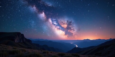 majestic milky way arch, countless stars across panoramic landscape, night, space, dark