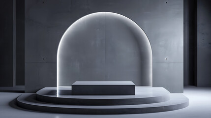 Leinwandbilder - Minimalist gray concrete podium with arch backdrop for product display and presentation in a modern studio setting