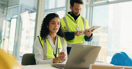 Poster - Laptop, planning and architect with people in office for engineer project, teamwork or contractor. Construction briefing, building and cad floorplan with employees for research and digital blueprint