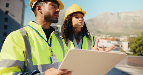Aufkleber - Brainstorming, woman or contractor at construction site with floor plan for architecture project. Blueprint, engineering or builder in city planning for installation, teamwork or renovation ideas