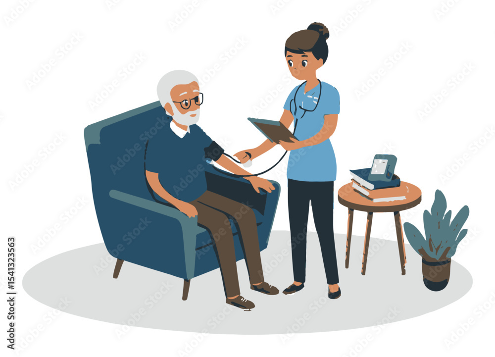 Female Nurse Checks Blood Pressure of Elderly Man in Cozy Setting