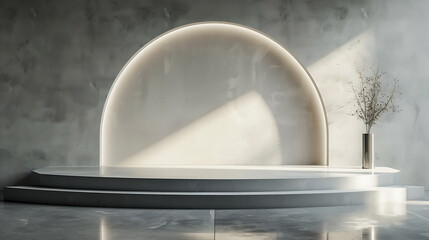 Leinwandbilder - A minimalist interior features a curved archway and a two tiered platform with a vase of dried branches bathed in soft sunlight creating a serene and modern space