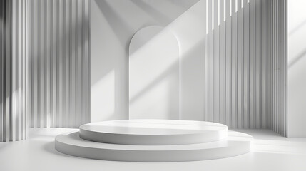 Leinwandbilder - A minimalist white podium stands in a modern studio with geometric shapes and soft shadows creating a clean and abstract background for product display