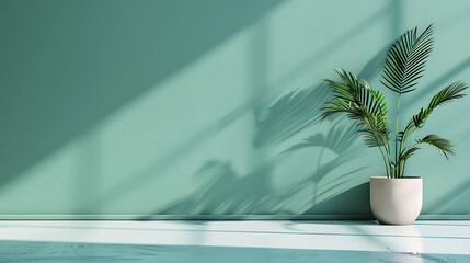 Leinwandbilder - A potted areca palm casts shadows on a green wall in a minimalist interior space