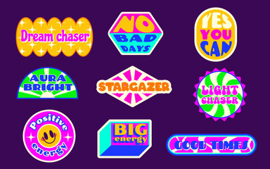Poster - Y2k sticker shape collection on purple background - bright neon badges with motivational text in retro geometric forms. Vibrant 2000s aesthetic labels for nostalgic digital designs and scrapbooking.