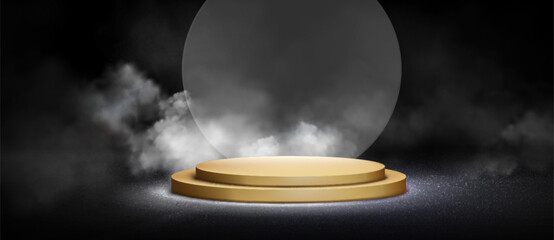 Poster - Luxury gold podium with atmospheric smoke effects and illumination - elegant circular platform on dark backdrop for premium product display, award ceremony stage and exclusive brand presentation scene