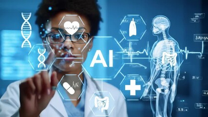 Poster - Artificial intelligence healthcare technology innovation and medical doctor using digital futuristic data analysis with human anatomy modern hospital, digital health interface, diagnostics