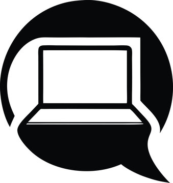 Black silhouette chat bubble with a laptop design illustrating online communication