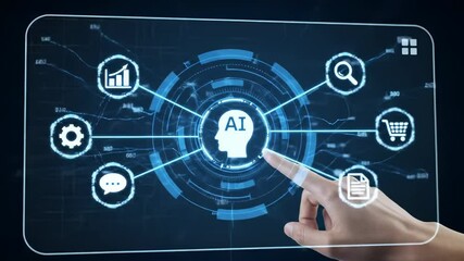 Aufkleber - Artificial intelligence technology and digital innovation with virtual interface, human hand touch, data analysis, communication, futuristic screen, interactive display, and document management