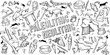 © doom.ko - Paleolithic and Neolithic linear doodle illustration. Hand drawn vector clip art. Background banner set.