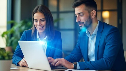 Poster - Business professionals teamwork collaboration in modern office, woman and man in blue suits smiling and working together on laptop, professional office environment with positivity and focus