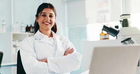 Aufkleber - Happy woman, portrait and scientist with confidence at laboratory for medical research or discovery. Female person, healthcare or science worker with smile or arms crossed for forensic development