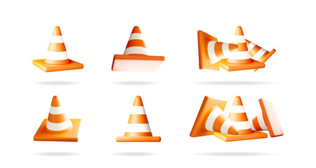 Poster - Orange and white traffic cone set. 3d warning barrier for road construction or hazard zone. UI design element collection.