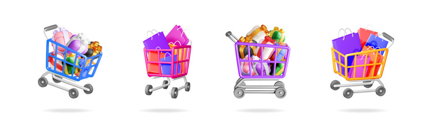 Poster - Shopping carts with gifts and bags. Collection of vector supermarket trolleys full of presents and paper packs for retail concept.