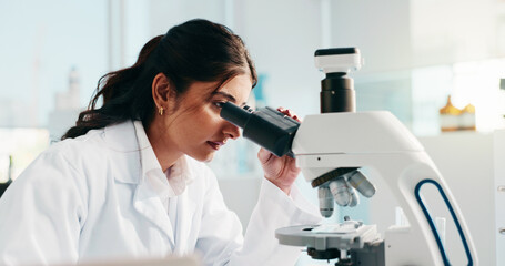 Aufkleber - Lab, scientist and woman with microscope, study and analysis for drug development and biotechnology. Clinic, medical professional and person with tech for healthcare, serious and cure for disease