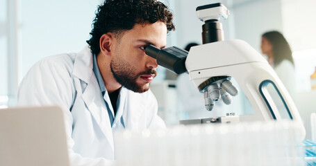 Aufkleber - Man, scientist and microscope for medical study, research or forensic science at laboratory. Male person, healthcare worker or exam with microorganisms for new discovery, analysis or investigation
