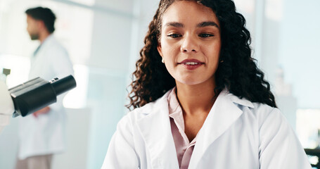 Aufkleber - Woman, scientist and smile at laboratory, research and medical review with project for vaccine. Person, happy and pharmaceutical study with decision, problem solving and solution for virus cure