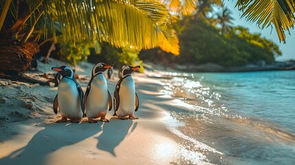 Wall Mural - penguins enjoying a tropical beach paradise