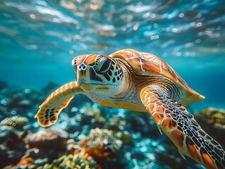 Wall Mural - A sea turtle swimming among vibrant coral reefs underwater