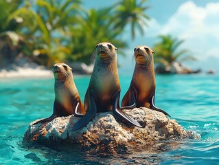 Wall Mural - a family of sea lions sunbathing on a tropical island rock