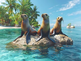 Wall Mural - a family of sea lions sunbathing on a tropical island