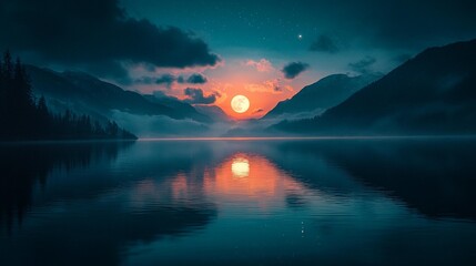  Moonrise over Lake and Mountains