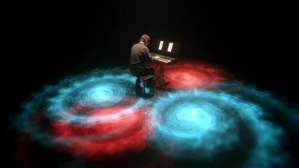 Poster - Musical performance enhanced by synchronizing light patterns, swirling visual technology merging artistic expression with digital innovation in dark environment