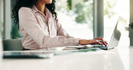 Poster - Hands, planning and laptop with business woman in office for research, broker report and account manager. Typing, investment review and budget admin with person in financial agency for portfolio