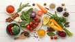 © Topdesign - Colorful Fresh Vegetables and Spices on White Wooden Background Top View