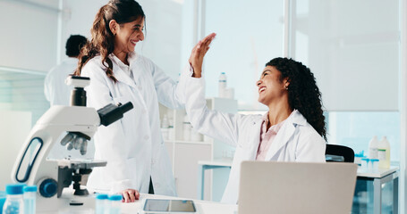 Poster - Science, women or high five with laptop in lab for research breakthrough, medical success or goals. Scientists, teamwork and celebration for vaccine development, cancer immunotherapy and innovation