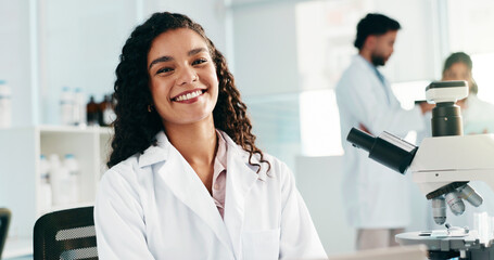 Poster - Scientist, woman and smile with portrait in lab for medical research, sample study and innovation. Science, drug trial and person with microscope for vaccine development, clinical experiment or pride