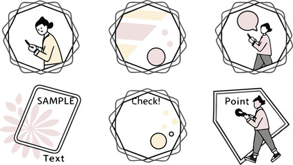 Leinwandbilder - Vector art of a collection of pastelcolored vector graphics, isolated on transparent background, featuring stylized figures using mobile devices and sample text frames