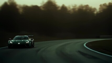 Poster - Green racing car driving on a race track during golden hour, creating a dramatic and exciting scene as it speeds through curves and straightaways