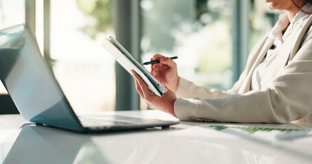 Poster - Business woman, hands and research with tablet pen at office desk for schedule, report or design. Female person, employee or writing with technology for project layout, tasks or agenda at workplace