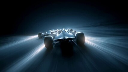 Poster - Sleek futuristic racing car navigating illuminated night track, generating vivid light trails against dark dramatic racing environment, showcasing high performance motorsport dynamics