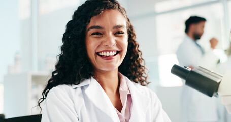 Aufkleber - Excited, woman and portrait of scientist in laboratory for medical research, project or study. Microscope, happy and microbiologist with equipment for pharmaceutical innovation in science facility.